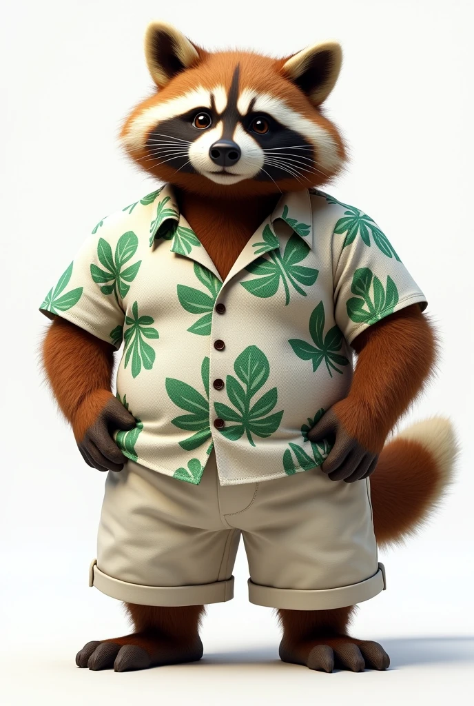 ((masterpiece, best quality, ultra detailed, 8k, photorealistic, hyperrealistic photo)), (Japanese raccoon dog), Aloha with outline pattern of green leaves on white fabric, Off-white short pants, (muscularity), Background is white