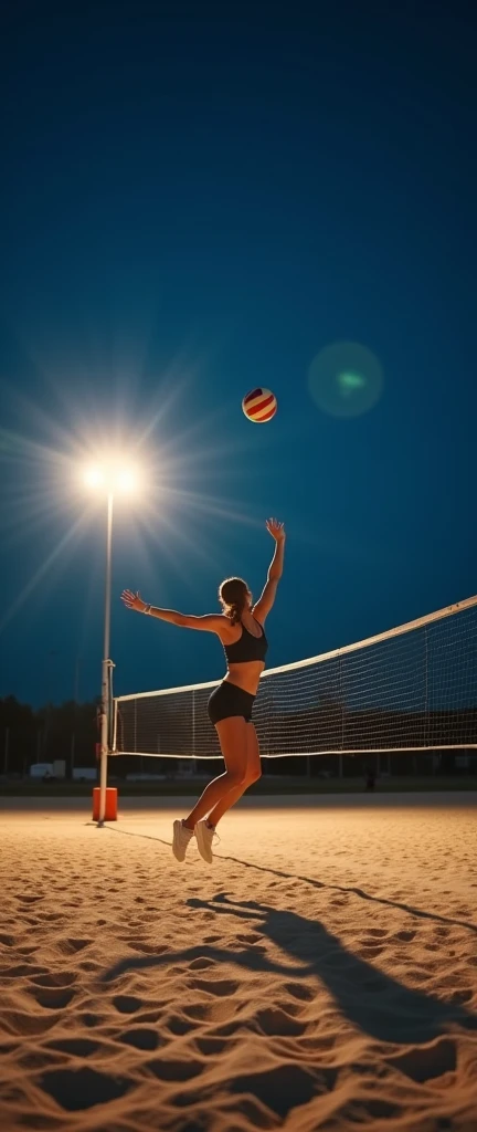 A high-resolution, professional DSLR shot of a lone volleyball player on a sand court under the night sky. The player is frozen in a dynamic leap, about to strike the ball. The bright floodlights above create crisp, detailed shadows, emphasizing the player’s focus and athleticism.
