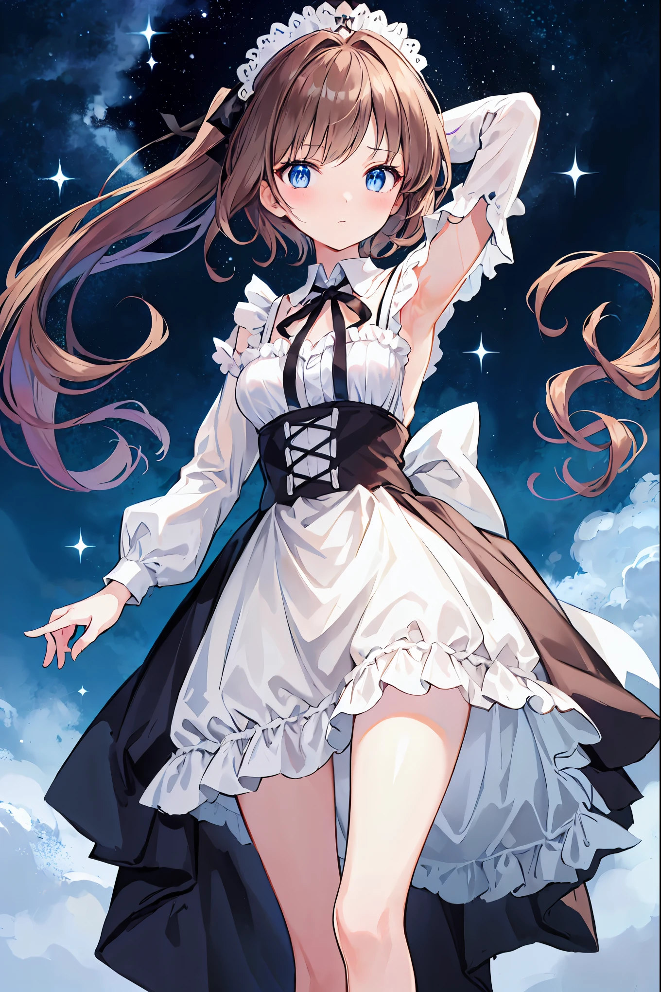 Brown Hair,Shortcuts,Messy Hair,Slender beauty,A dignified posture,Mid-chest,Beautiful feet,Her captivating grey-blue eyes shine like stars,,masterpiece, かわいいイラストのmasterpiece, A maid in a cute pose, Traditional Maid Clothing,Big ribbon ,Shake it,alone, girl,Highest quality, High resolution,