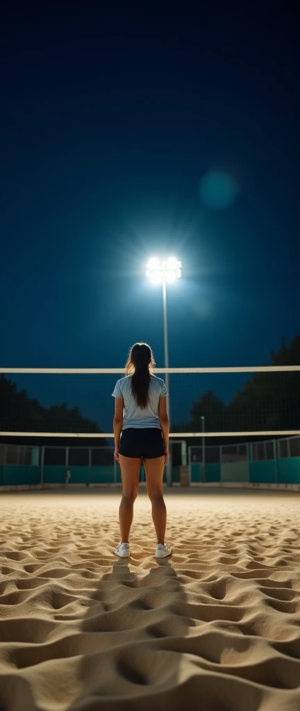 A professional DSLR image of a single volleyball player standing on a sand court at night, ready to serve the ball. The soft, ambient light from overhead floodlights illuminates the player and the textured sand below, creating a sharp and clear nighttime sports scene.