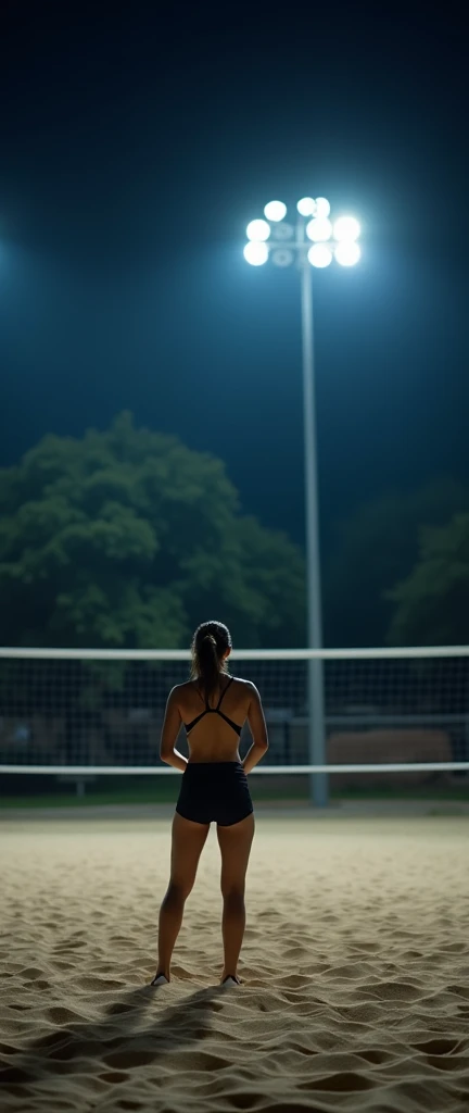 A professional DSLR image of a single volleyball player standing on a sand court at night, ready to serve the ball. The soft, ambient light from overhead floodlights illuminates the player and the textured sand below, creating a sharp and clear nighttime sports scene.