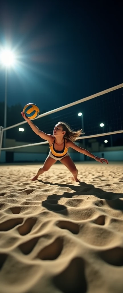 A high-definition, professional DSLR photograph of one volleyball player diving for the ball on a sand court at night. The floodlights cast long, clear shadows, with the sand showing intricate texture under the bright, focused light, capturing the intensity of the moment.
