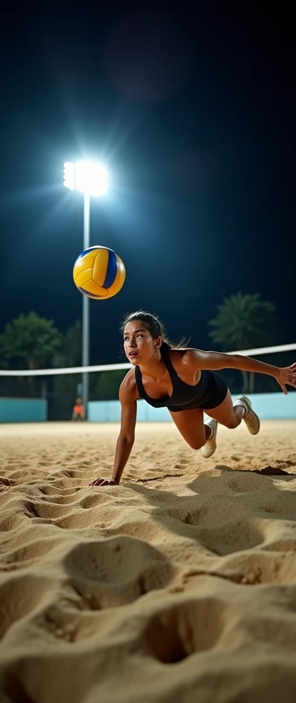 A high-definition, professional DSLR photograph of one volleyball player diving for the ball on a sand court at night. The floodlights cast long, clear shadows, with the sand showing intricate texture under the bright, focused light, capturing the intensity of the moment.