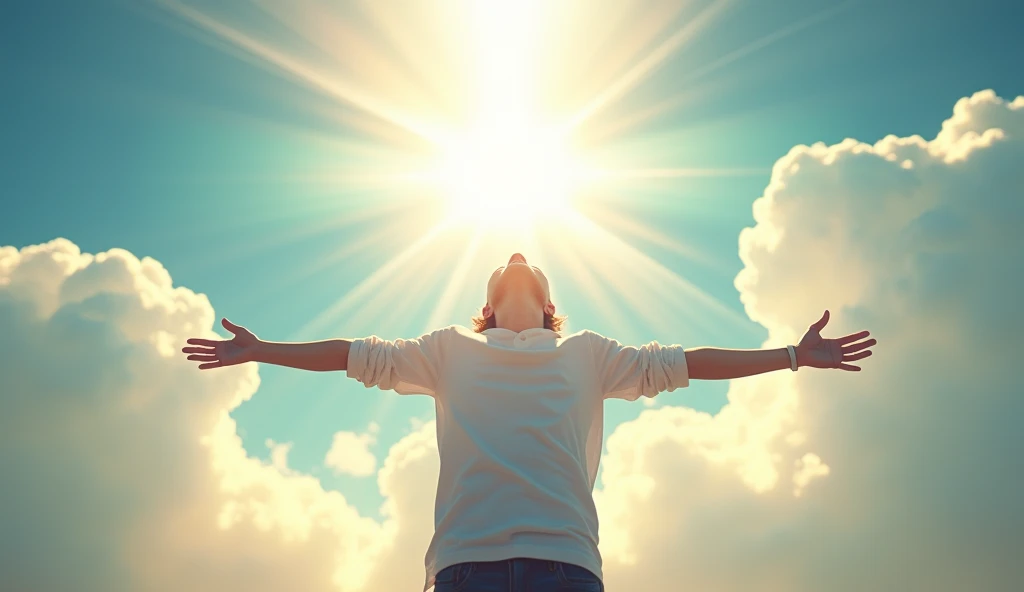 "A person standing with their arms open wide, looking up at the sky, as a bright, radiant light bursts from their chest area. The background is a clear, expansive sky with clouds parting, symbolizing freedom and potential. The person's expression is one of empowerment and self-discovery, capturing a moment of realization and inner awakening."