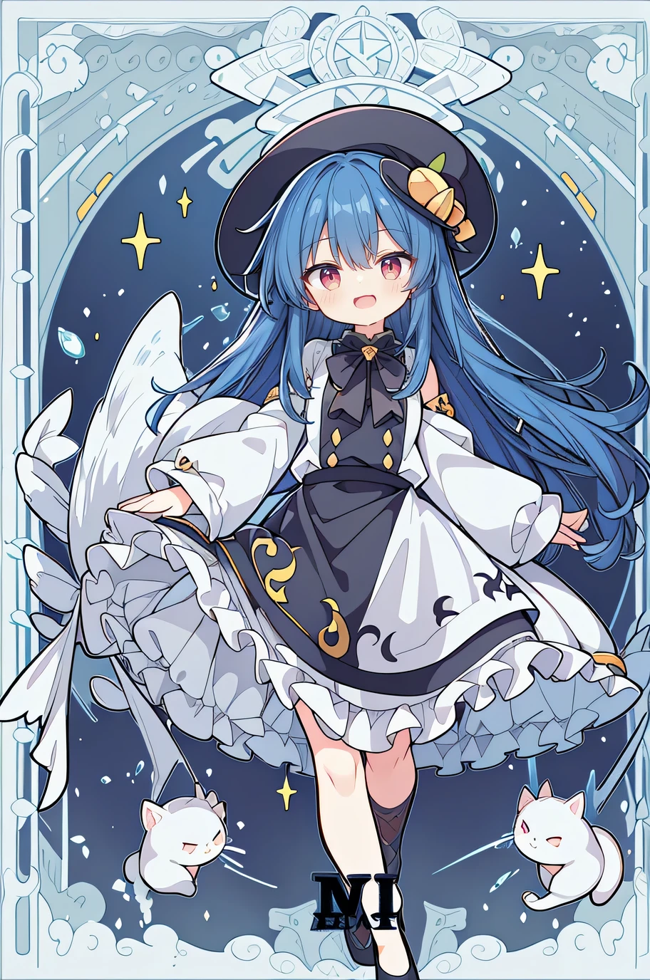 oung Girls,Humanity,A magician always smiles,big witch hat,cute,dark blue long hair,The eyes are dull,The bangs are heavy,Thin eyebrows,fantasy,intake,Double teeth,Star Theme,Constellation pattern,Solid color clothetal decoration,cloak,A bit of a dark atmosphere,A little crazy smile,When the big moon shines outside at night,blood,Hair black star embellishment,Short tie,No nails,High waist skirt,Bell sleeves,Long-sleeved shirt,Black tie,low risk,gentlemen。Mist、Yellow and white effect,Shocking pink as an accent color