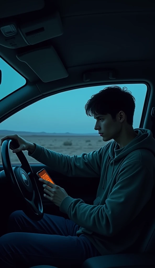 Young man holding the steering wheel and seeing the fuel gauge in the middle of the night In a deserted place holding his phone