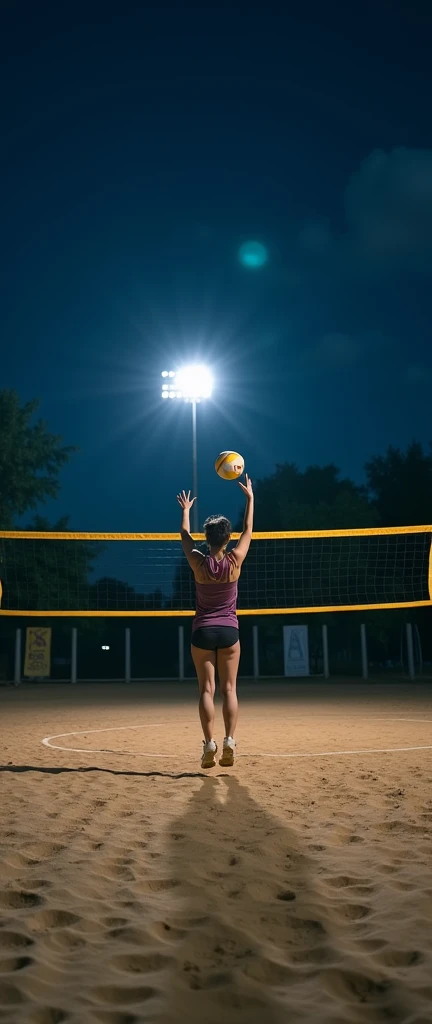 A professional DSLR capture of a solitary volleyball player on a sand court at night, poised to jump for a block. The night sky and floodlights create a striking contrast, with sharp details and shadows that bring out the energy and movement of the scene.
