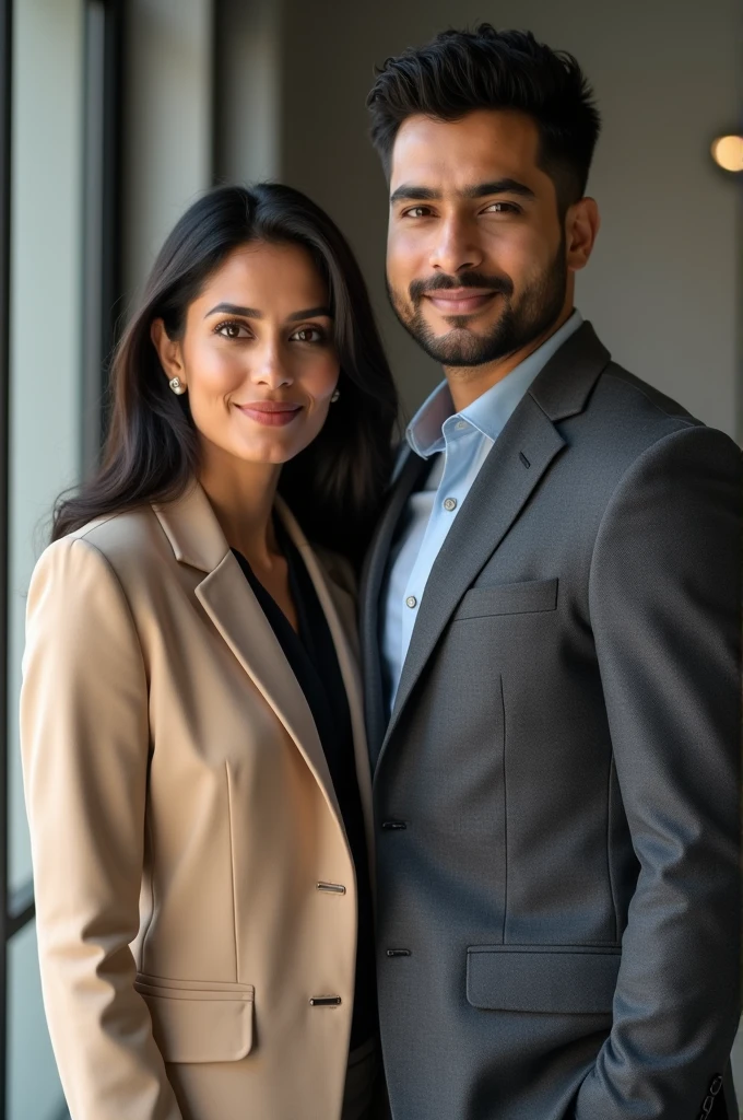 A successful young Indian female CEO in a beige colour blazer posing with her tall handsome young Indian boyfriend wearing a dark grey blazer