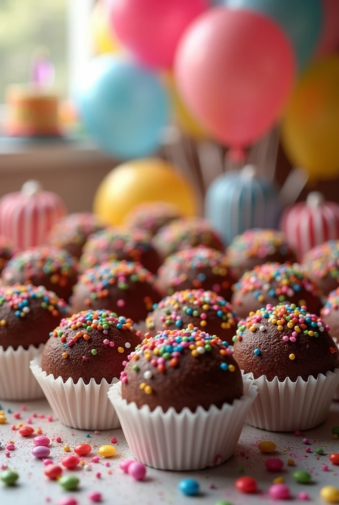 Create an image of 100 traditional Brazilian gourmet brigadeiros rolled in chocolate sprinkles squares, in their respective traditional white molds, with a birthday scene behind composing the brigadeiros. They should look like they were delivered to the end customer.