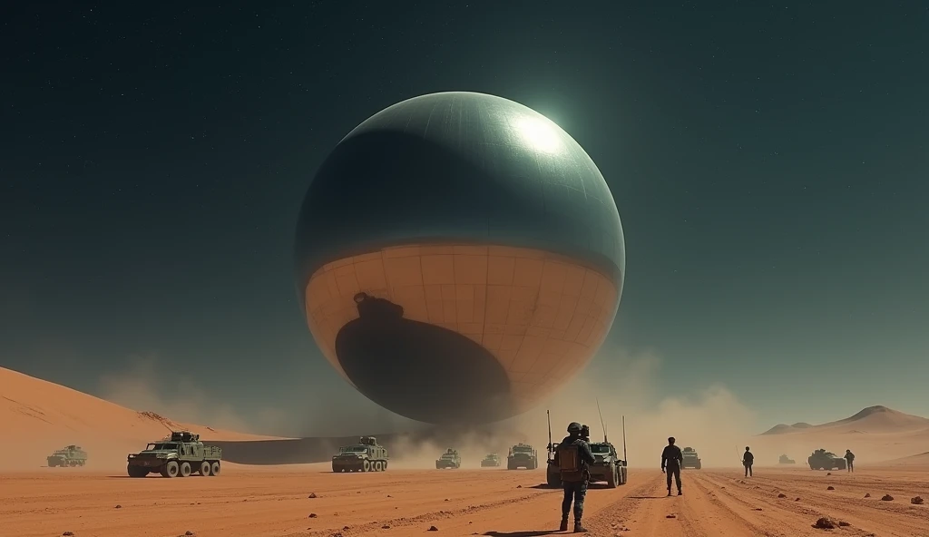 A massive smooth reflective-surfaced sphere hovers above the desert floor at night, various military vehicles and soldiers cluster underneath the sphere, photo realistic