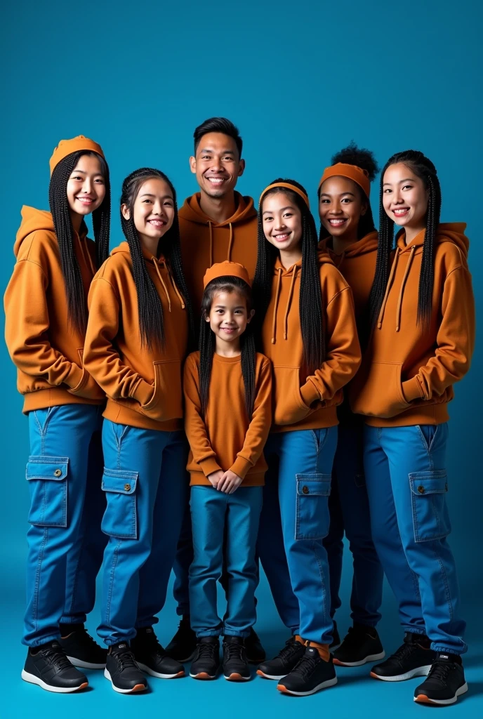 Create a full body eight beautiful Thai's women's smiling wearing a brown hoodie and blue cargo pants with brown headband and black beautiful adidas shoes, black long braids hairstyles and also 1 handsome man wearing a brown hoodie and blue cargo pants black beautiful shoes standing dark blue background and the background has black written " Team fhyrrah " looking at the camera. Photography