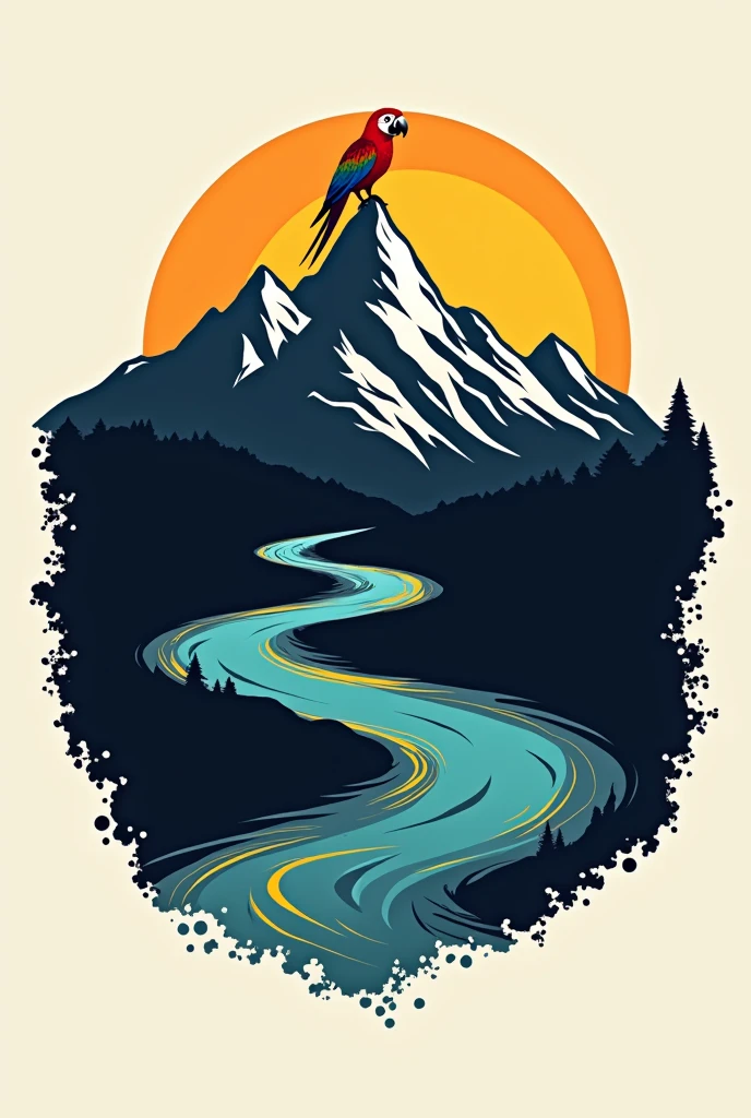 Create me a logo with the following characteristics: mountain peaks, mono, Macaw,  JAC Perico Aguao river around which is in color 