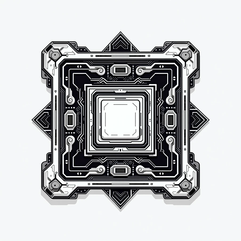 "Create a simple, outline-only logo featuring a futuristic, anime-style CPU inspired by the AMD AM5 socket. The design should have clean, sharp edges with no colors, shadows, or gradients—just a clear outline. Exclude any text or branding. The design should be centered and fit within 800 x 800 pixels, fully contained within the image. Ensure the outline is cohesive, focusing on the CPU's shape and intricate circuitry details."
