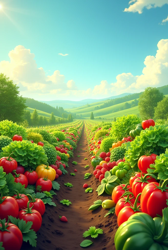 Drawing of a field with lots of vegetables and fruits, ideal for a logo