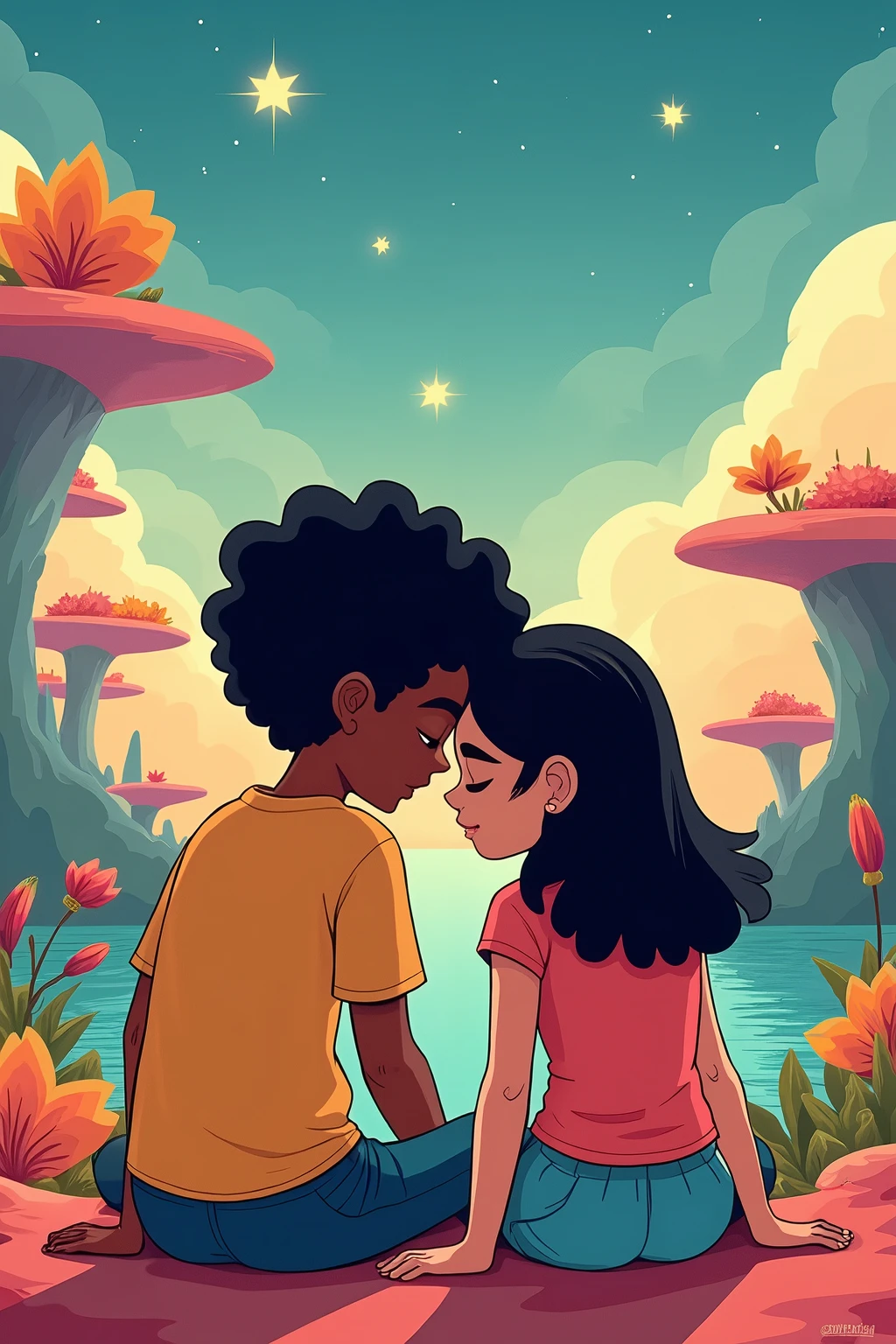 Create an adventure time style couple, but humans, the dark-skinned boy and the white-skinned girl, the two with black hair sitting next to each other, the girl with her head resting on his shoulder.