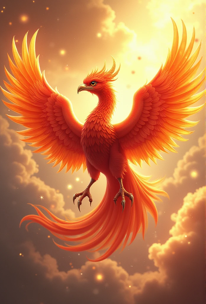 A beautiful phoenix with golden and red feathers、Please draw a figure emitting light while flying through the sky.。The phoenix&#39;s feathers are gorgeous、Exquisitely drawn in detail、The feathers appear to be shiny。The eyes of the phoenix are a deep color that gives off a sense of wisdom and mystery.、His sharp gaze gives off a sense of strength.。The background has golden clouds and light effects.、It looks like little stars and gold dust are dancing around the phoenix.、Create a mysterious and glamorous atmosphere。The Phoenix&#39;s claws have a jewel-like shine.、The overall image emphasizes luxury and good fortune.。Mythical creatures，（（Chinese mythological phoenix）），Traditional Chinese Elements，Ancient murals，Examples of myths，The Legend of Fuyao，Spotted Light，Hazy haze，Mysterious Aura，masterpiece，khd，Colorful，Detailed explanation，Seven Colors