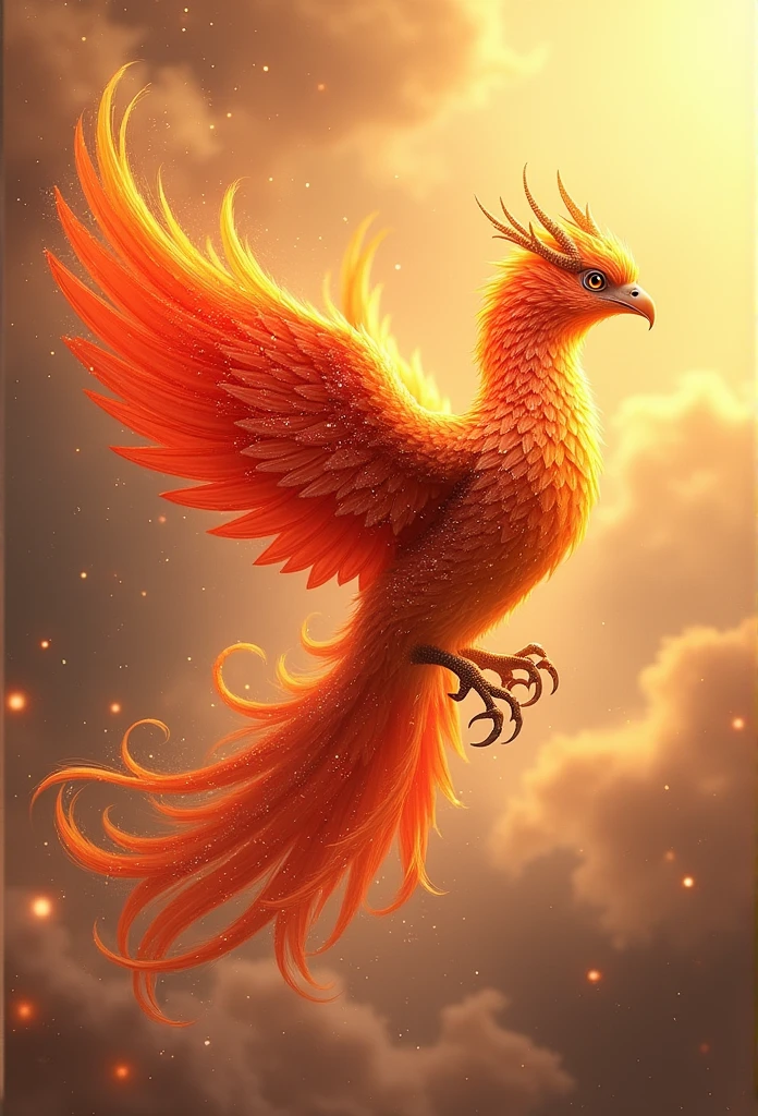 A beautiful phoenix with golden and red feathers、Please draw a figure emitting light while flying through the sky.。The phoenix's feathers are gorgeous、Exquisitely drawn in detail、The feathers appear to be shiny。The eyes of the phoenix are a deep color that gives off a sense of wisdom and mystery.、His sharp gaze gives off a sense of strength.。The background has golden clouds and light effects.、It looks like little stars and gold dust are dancing around the phoenix.、Create a mysterious and glamorous atmosphere。The Phoenix's claws have a jewel-like shine.、The overall image emphasizes luxury and good fortune.。Mythical creatures,((Chinese mythological phoenix)),Traditional Chinese Elements,Ancient murals,Examples of myths,The Legend of Fuyao,Spotted Light,Hazy haze,Mysterious Aura,masterpiece,khd,Colorful,Detailed explanation,Seven Colors