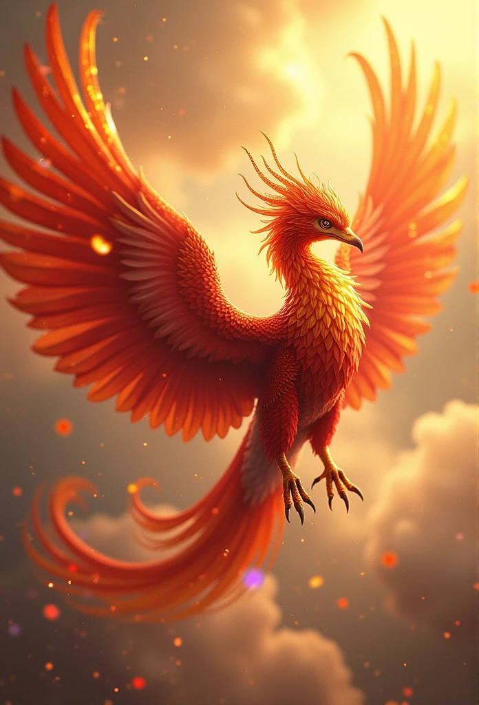 A beautiful phoenix with golden and red feathers、Please draw a figure emitting light while flying through the sky.。The phoenix's feathers are gorgeous、Exquisitely drawn in detail、The feathers appear to be shiny。The eyes of the phoenix are a deep color that gives off a sense of wisdom and mystery.、His sharp gaze gives off a sense of strength.。The background has golden clouds and light effects.、It looks like little stars and gold dust are dancing around the phoenix.、Create a mysterious and glamorous atmosphere。The Phoenix's claws have a jewel-like shine.、The overall image emphasizes luxury and good fortune.。Mythical creatures,((Chinese mythological phoenix)),Traditional Chinese Elements,Ancient murals,Examples of myths,The Legend of Fuyao,Spotted Light,Hazy haze,Mysterious Aura,masterpiece,khd,Colorful,Detailed explanation,Seven Colors