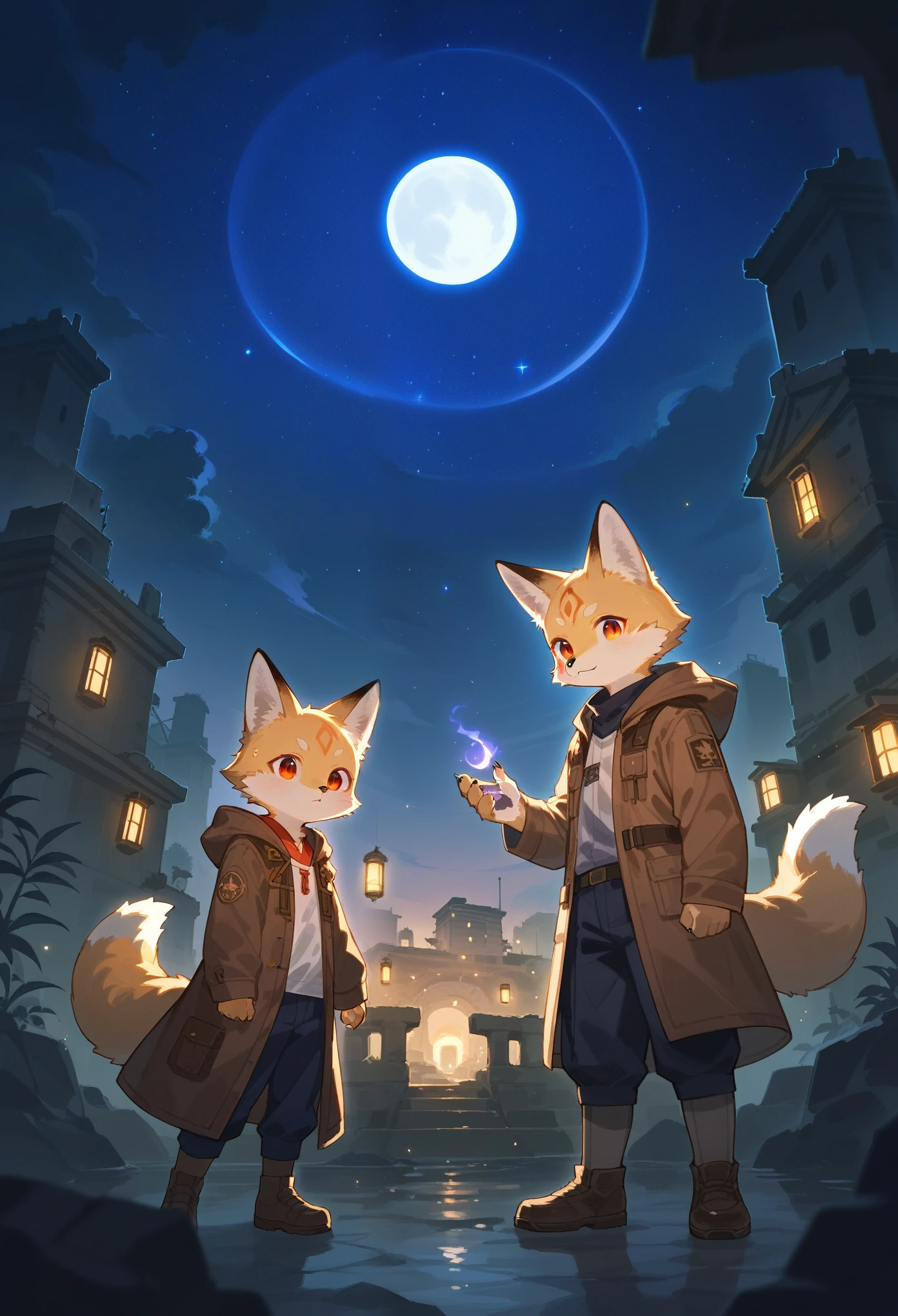 rating_safe, score_9, score_8_up, score_7_up, score_6_up, score_5_up, score_4_up, hires, highres, source_furry, cover page(kemono, furry anthro, boys, girls, fox, Golden fur, Golden yellow face fur, Red eyes, Brown elements on fur, Brown coat brown hood up)Plant elements in ruins, lichen, There is no other life, Night, starry sky, Vast landscape, moon full, meteors, Star cloud, Warm light source, Rained, wet clothes, overcast sky, Beautiful lights and shadows, Ambient light, Volumetric lighting, Dynamic configuration, Highly detailed and colorful details, luminous lighting, Atmospheric lighting, dream magical, magic, Glowing light,