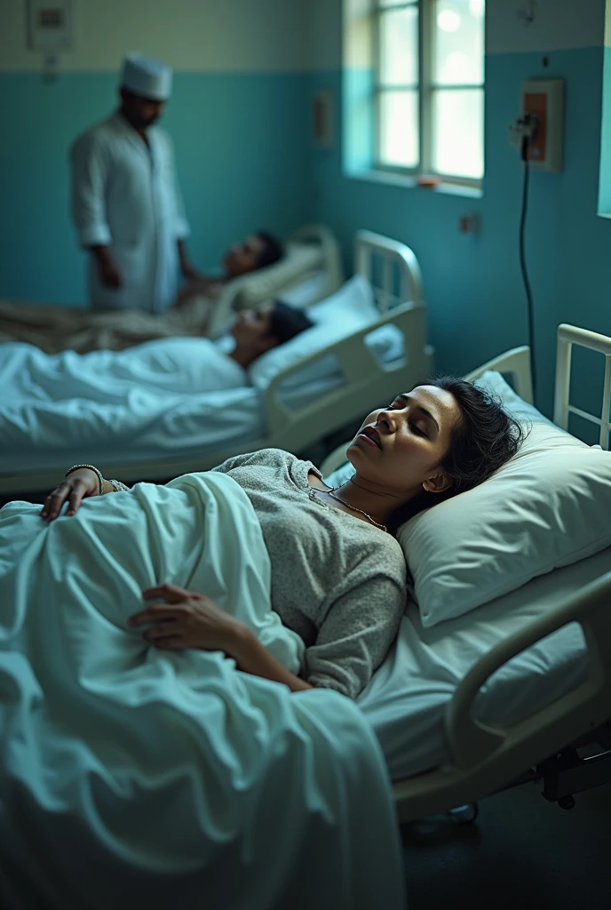 A bangladeshi  black woman her age is 55

  she  lies in magura shadar hospital beds left side on oxygen, cover by blankets, beside a nurse 
 she is a heart attack peshaint. Beside lots of beds, 