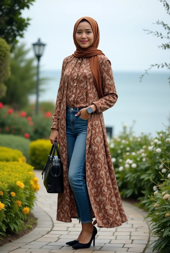 Please give me a photo of a young woman wearing a patterned long-sleeved dress, brown color and hijab, wearing jeans, wearing black shoes, wearing iPhone smartwatch ((full body)), a professional figure standing facing the viewer in the middle of a garden with a sea view in the background. In his hand, he held the handbag confidently." ...