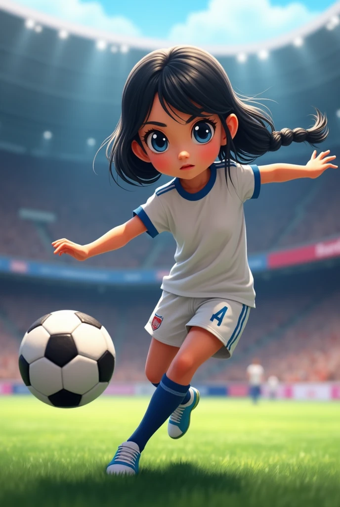 (whole body、from the front)、((One Girl:1.2、Little:1.2))、Black Hair、Big Blue Eyes、Braided Bob、Decisive moment、The moment he kicks the soccer ball very hard with his right foot:1.2、(motion-blur:1.2, speed-line)、The background is a football stadium