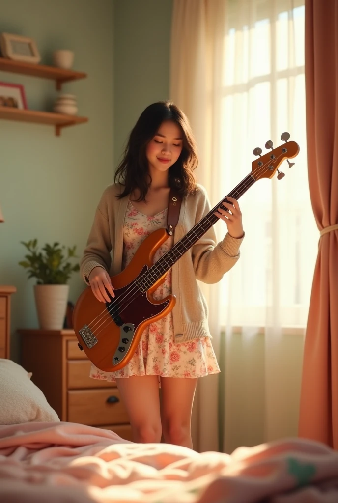 A cutely dressed woman is standing in a bedroom playing a bass guitar.