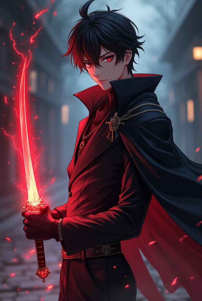 Generate an anime-style character with shadow powers, Youngh, naughty man, wears a cape and a dagger with a red aura, dark eyes, has an average physical build, He has 