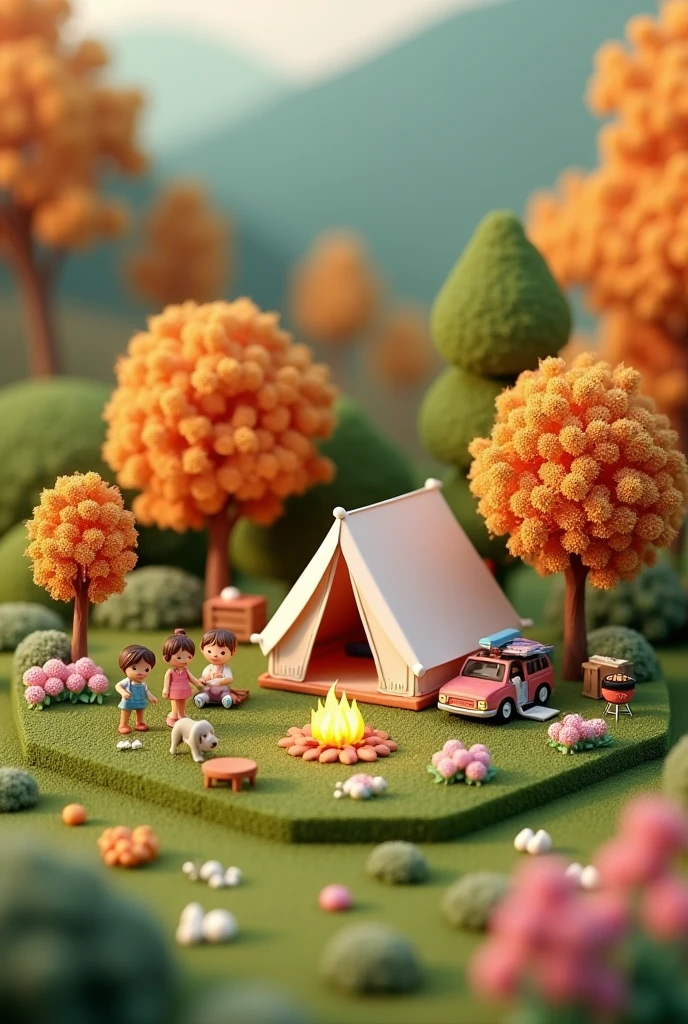 Camping in the campsite in the autumn, a 3D miniature scene of a tent surrounded by pink and white flowers and trees campfires, with children playing. family, dog, cherry blossom, car, barbecue, The miniature landscape features a green grassland background, with axis shifting photography effects and ultra clear details. The dreamy fantasy realism style scenes are rendered using wide-angle lenses and depth of field, creating an octagonal paper art illustration style with blurred foreground
