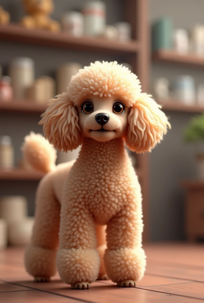champagne poodle, medium poodle, poodle femea, in a pet shop with the background blurred