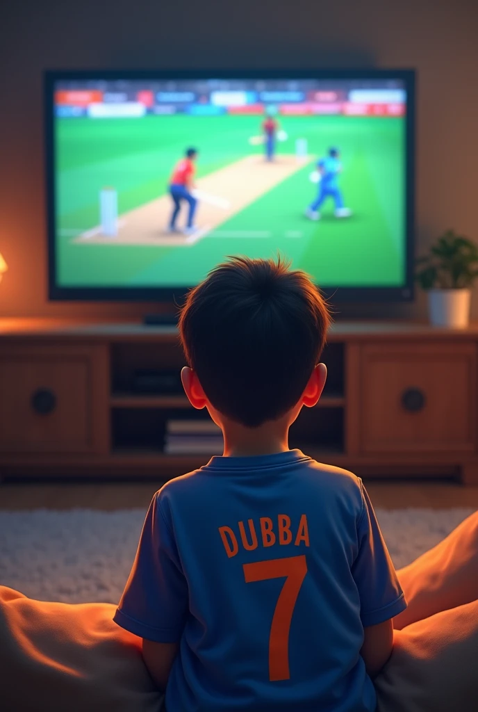 A boy sitting in front of tv and watching cricket match wearing india jersey and dubba name 
7 number on his jerswy