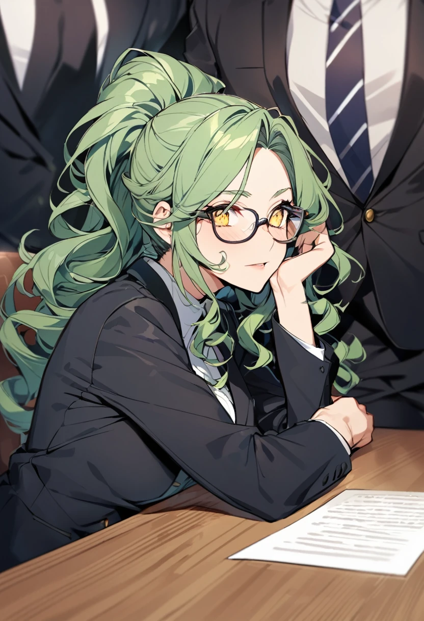 girl, mature, glasses, yellow eyes, green hair, long hair, curly hair, beautiful, ponytail, president, adult