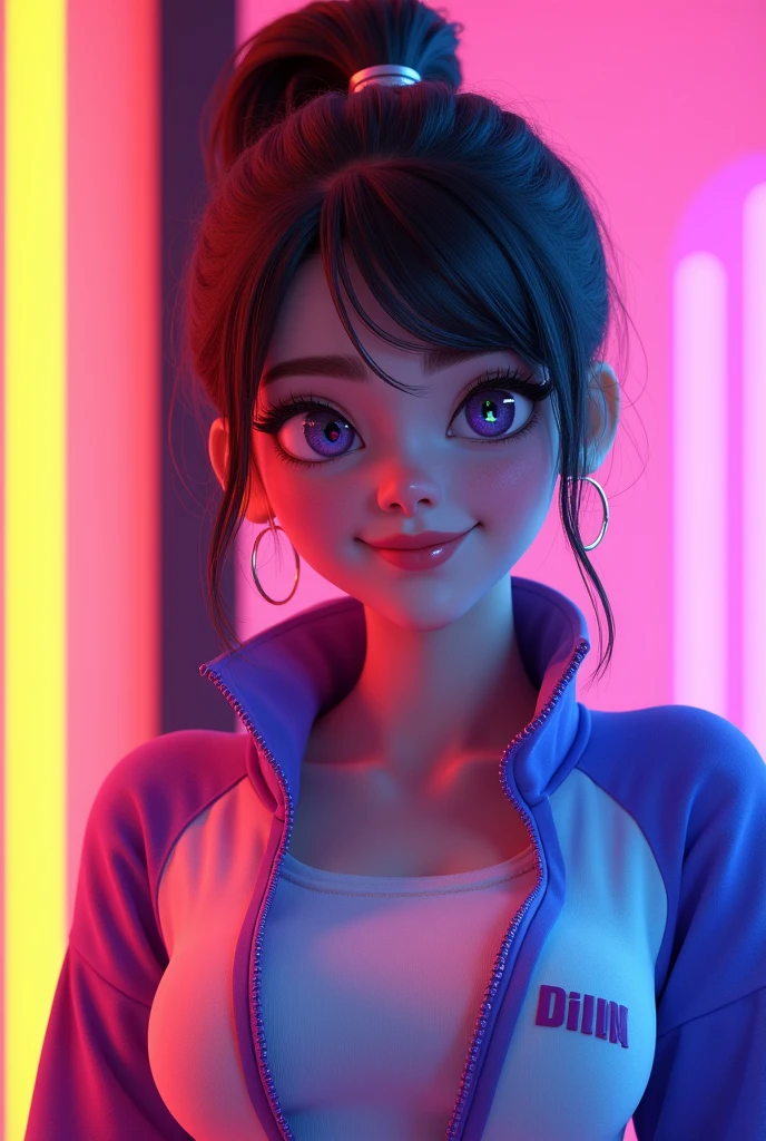A girl is wearing a purple and white jacket and her name 'Dilmi' has written on that. She is in a neon blackground. She has a medium size hair. She is pretty.Ponytail, Symbol-Shaped Pupils, Smile, HD, 3D Rendering,