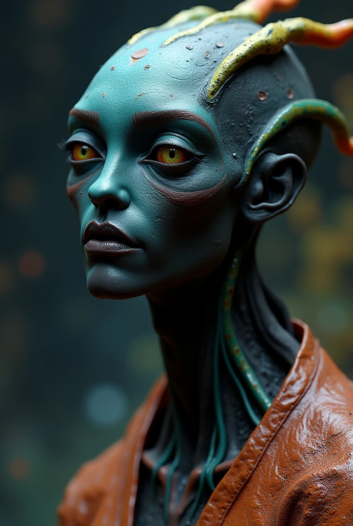 (focus on a hauntingly beautiful bioengineered creature:1.2),Human-like alien landscape, smile face, black skin,colorful dark unfocused background, (ultra resolution:2), detailed masterpiece.