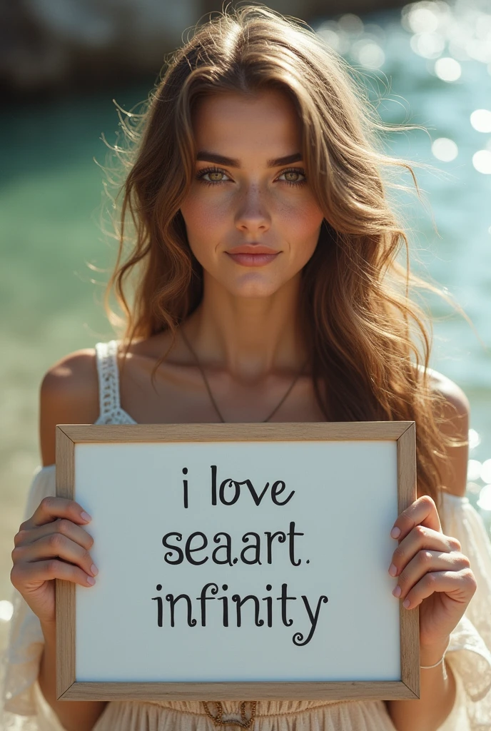 Beautiful girl with wavy long hair, bohemian dress, holding a white board with text "I Love Seaart Infinity" and showing it to the viewer