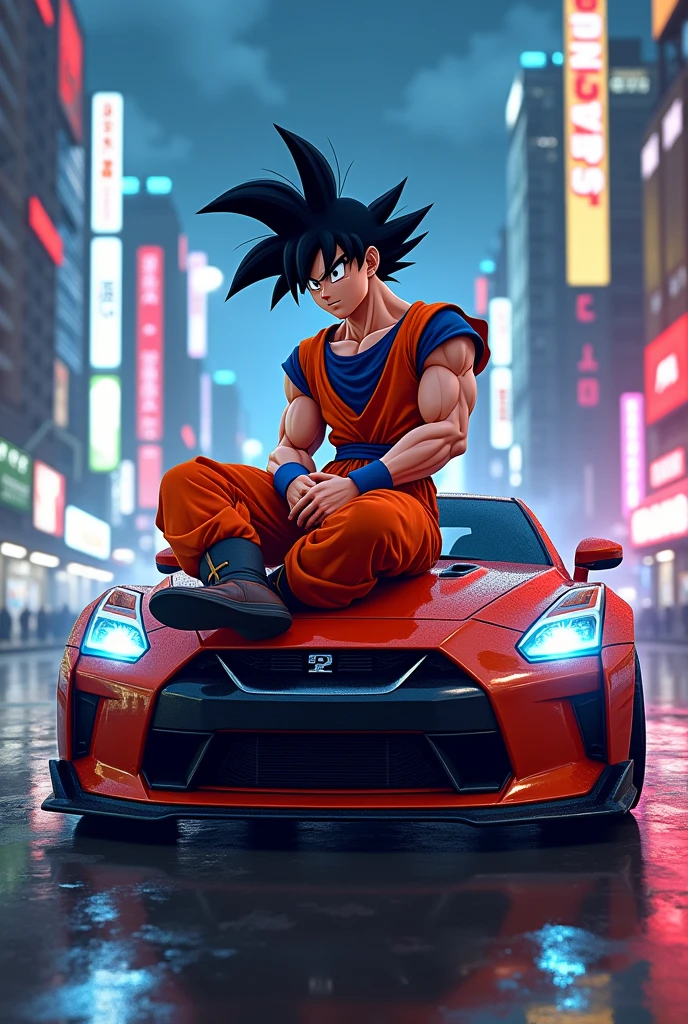 Anime Goku sitting on car in a cool way and  car from fast and furious 