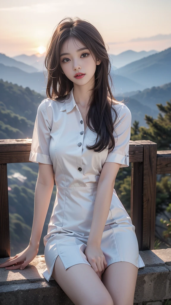 (masutepiece:1.1), (Best Quality:1.1), (intricate detailes:1.09), (hyperdetails:1.09), highly detailed symmetrical eyes, reflection,1girl in,Solo,Skirt,Long hair,Nature,Brown hair,black Skirt,white shirt,on top of the mountain,You can see the sunrise,full morning sun,Detailed eyes, Detailed iris, Detailed skin texture, hyper realisitic, (Specular lighting:1.1), Ray tracing