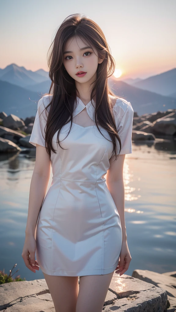 ulzzang-6500-v1.1, (RAW photo: 1.2), (Real photo), (Real photo: 1.4), 1 girl、Perfect anatomy、1、Looking at the camera、Medium length hair、Uniform dress, watching the sunset, ((in the mountains: 1.1))、(Business service)、Asian eyes Ella,