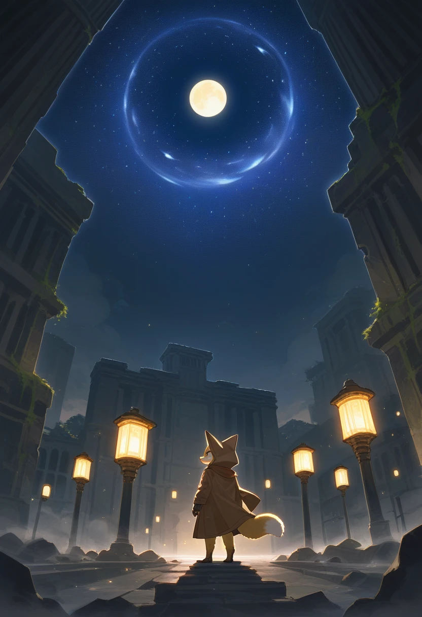 rating_safe, score_9, score_8_up, score_7_up, score_6_up, score_5_up, score_4_up, hires, highres, source_furry, cover page(kemono, furry anthro, boys, girls, fox, Golden fur, Golden yellow face fur, Red eyes, Brown elements on fur, Brown coat brown hood up)Plant elements in ruins, lichen, There is no other life, Night, starry sky, Vast landscape, moon full, meteors, Star cloud, Warm light source, Rained, wet clothes, overcast sky, Beautiful lights and shadows, Ambient light, Volumetric lighting, Dynamic configuration, Highly detailed and colorful details, luminous lighting, Atmospheric lighting, dream magical, magic, Glowing light,