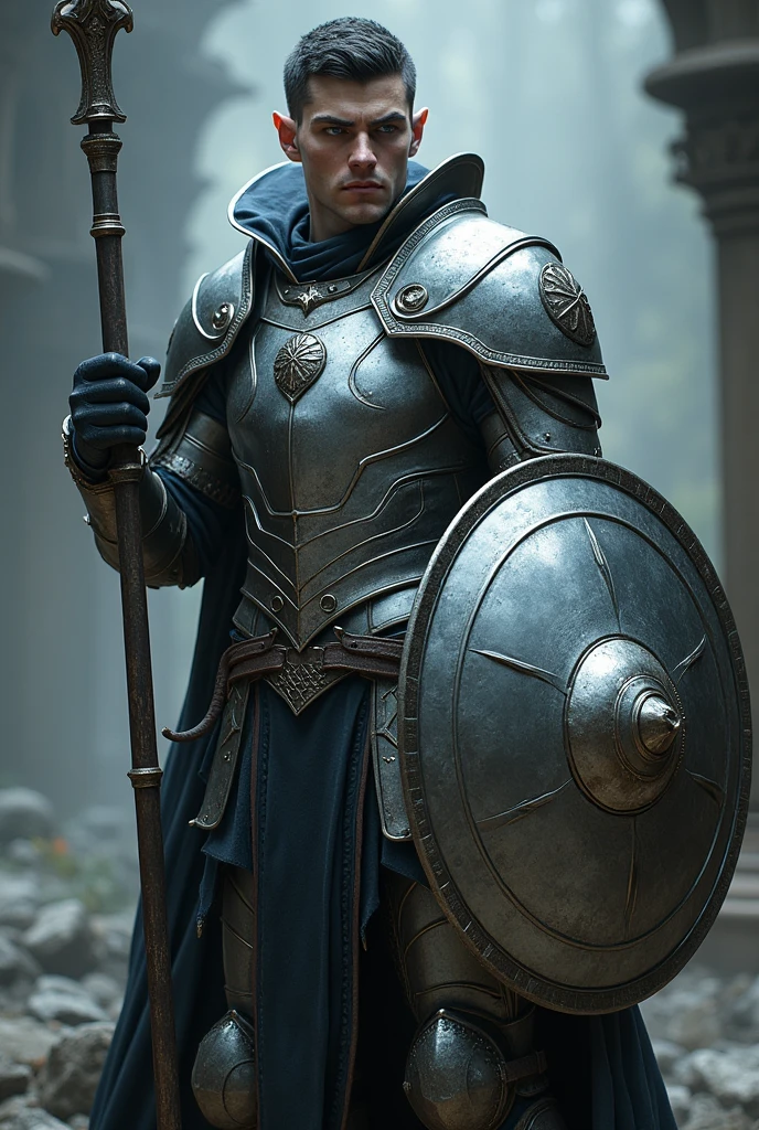 Male elf dark short hair White skin dark blue eyes no beard with silver heavy armor , Fléau et Bouclier de tour