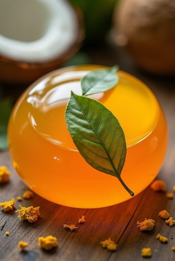 Make a soap for Facebook posts, clear copper color, round shape, decorated with kaffir lime leaves, coconut water, turmeric.