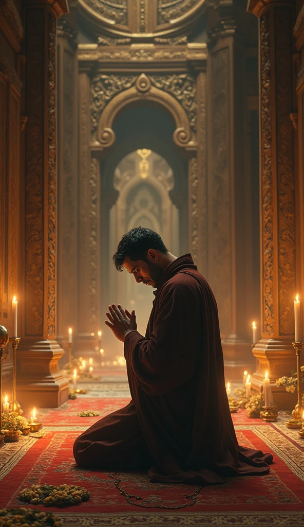 The queen’s concerned husband kneeling and praying fervently in a grand temple, surrounded by candles and offerings