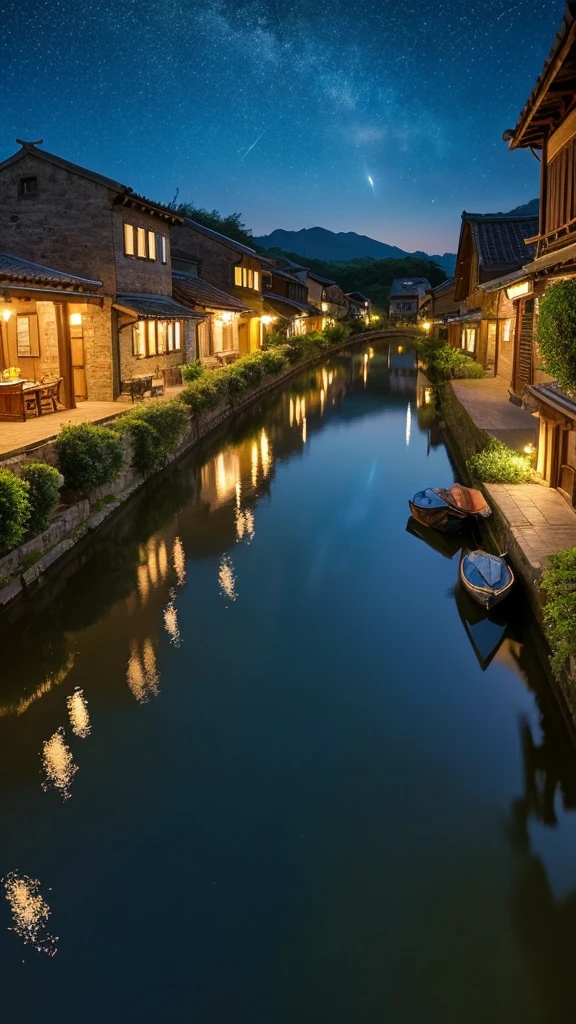 countryside、village、night、Streetscape、beautiful、Starry Sky、Waterway、scenery