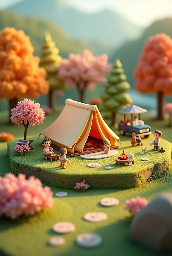 Camping in the campsite in the autumn, a 3D miniature scene of a tent surrounded by pink and white flowers and trees campfires, with children playing. family, dog, cherry blossom, car, barbecue, The miniature landscape features a green grassland background, with axis shifting photography effects and ultra clear details. The dreamy fantasy realism style scenes are rendered using wide-angle lenses and depth of field, creating an octagonal paper art illustration style with blurred foreground