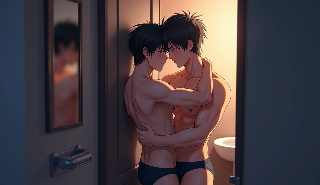 In a small, softly lit toilet room, two anime-style male characters with slightly muscular builds are standing close together, wearing only their underwear. One man has his arms wrapped around the other’s waist, pulling him close as they share a deep and passionate kiss. The other man has his hands resting on his partner's shoulders, his fingers gently touching the back of his neck. The intimacy of their embrace is highlighted by the dim lighting and the confined space, creating a sense of privacy and closeness. The mirror on the wall reflects their loving expressions, capturing the intensity of their emotional connection."