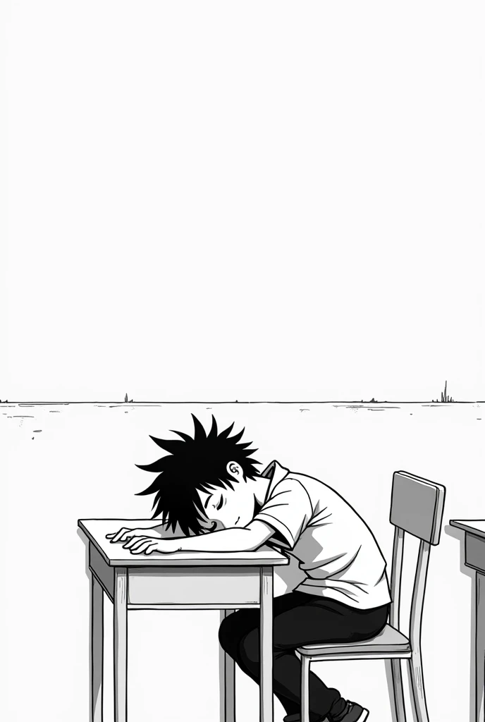 Black and white 2d anime teenage boy sleeping in classroom with spiky hair