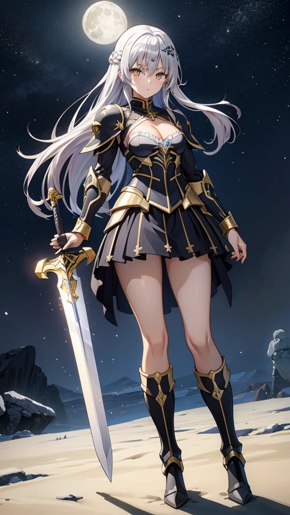 Girl with long silver hair, French braid and golden eyes，silver forehead protector，Chest，cleavage，Pitch black armor，Hand guard，Iron skirt，Bare Legs，Jet black iron boots，cross sword，Standing，moon，starry night