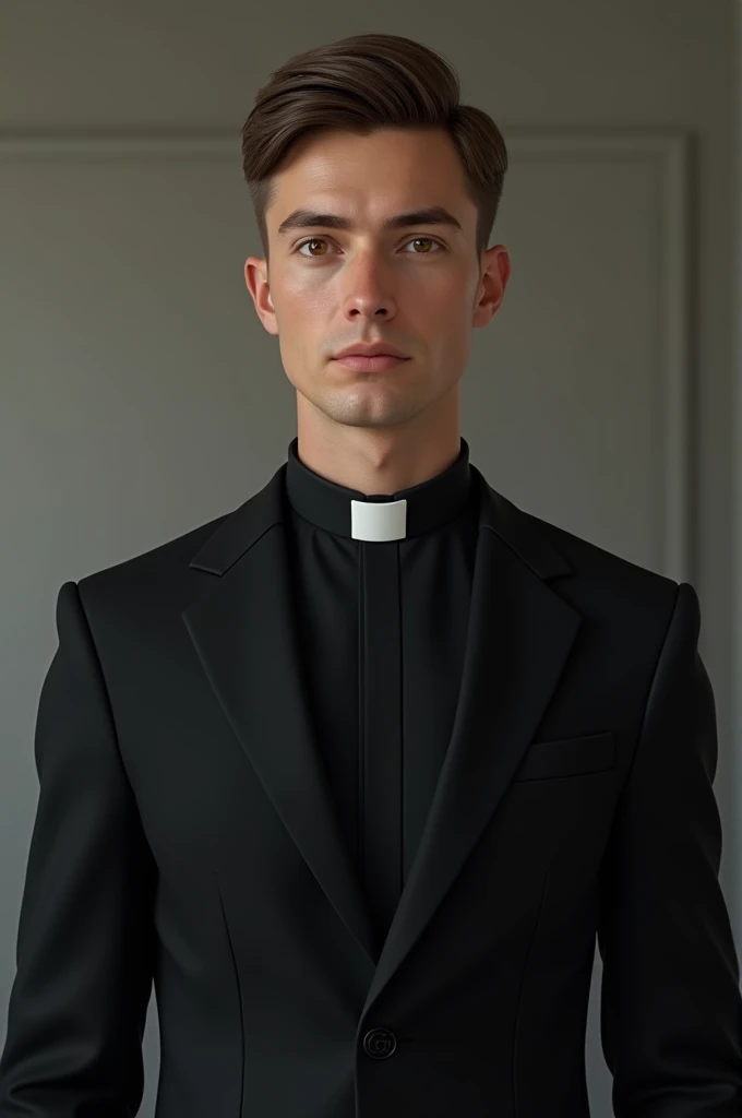 a young man of about twenty-five years old, Brown hair, Brown eyes, white skin with a black suit and a realistic priest's collar