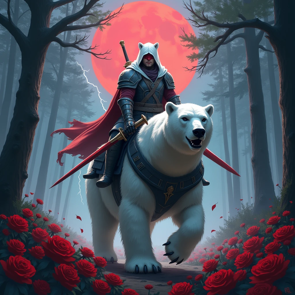 Male knight with a white hood with bear ears wielding a red double-edge sword is riding a polar bear in a forest while the moon shines, many Roses cover the ground and lightning falls from the sky. The polar bear has black eyes and an aggressive appearance, his body is armored. Only the man wears a red blindfold. In the background of the picture is the blood moon. The forest is full of trees with leaves.