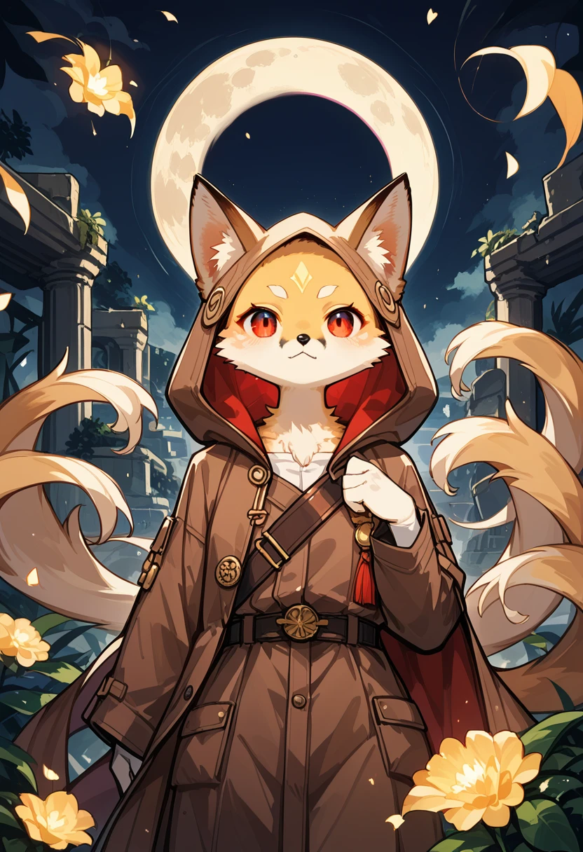 rating_safe, score_9, score_8_up, score_7_up, score_6_up, score_5_up, score_4_up, hires, highres, source_furry, cover page(kemono, furry anthro, boys, girls, fox, Golden fur, Golden yellow face fur, Red eyes, Brown elements on fur, Brown coat brown hood up)Plant elements in ruins, lichen, There is no other life, Night, starry sky, Vast landscape, moon full, meteors, Star cloud, Warm light source, Rained, wet clothes, overcast sky, Beautiful lights and shadows, Ambient light, Volumetric lighting, Dynamic configuration, Highly detailed and colorful details, luminous lighting, Atmospheric lighting, dream magical, magic, Glowing light,